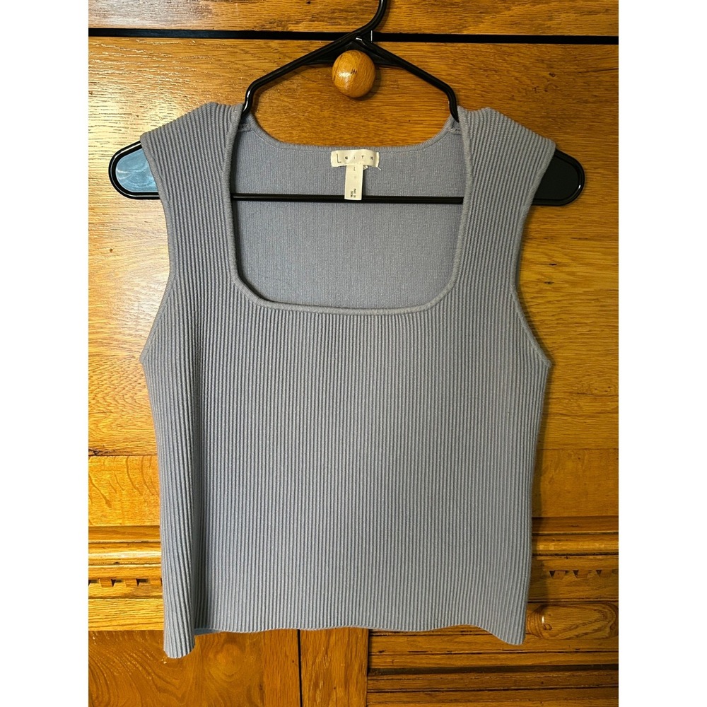 Leith Y2K Streetwear Coquette Light Blue Ribbed Square Neck Sleeveless Knit Top